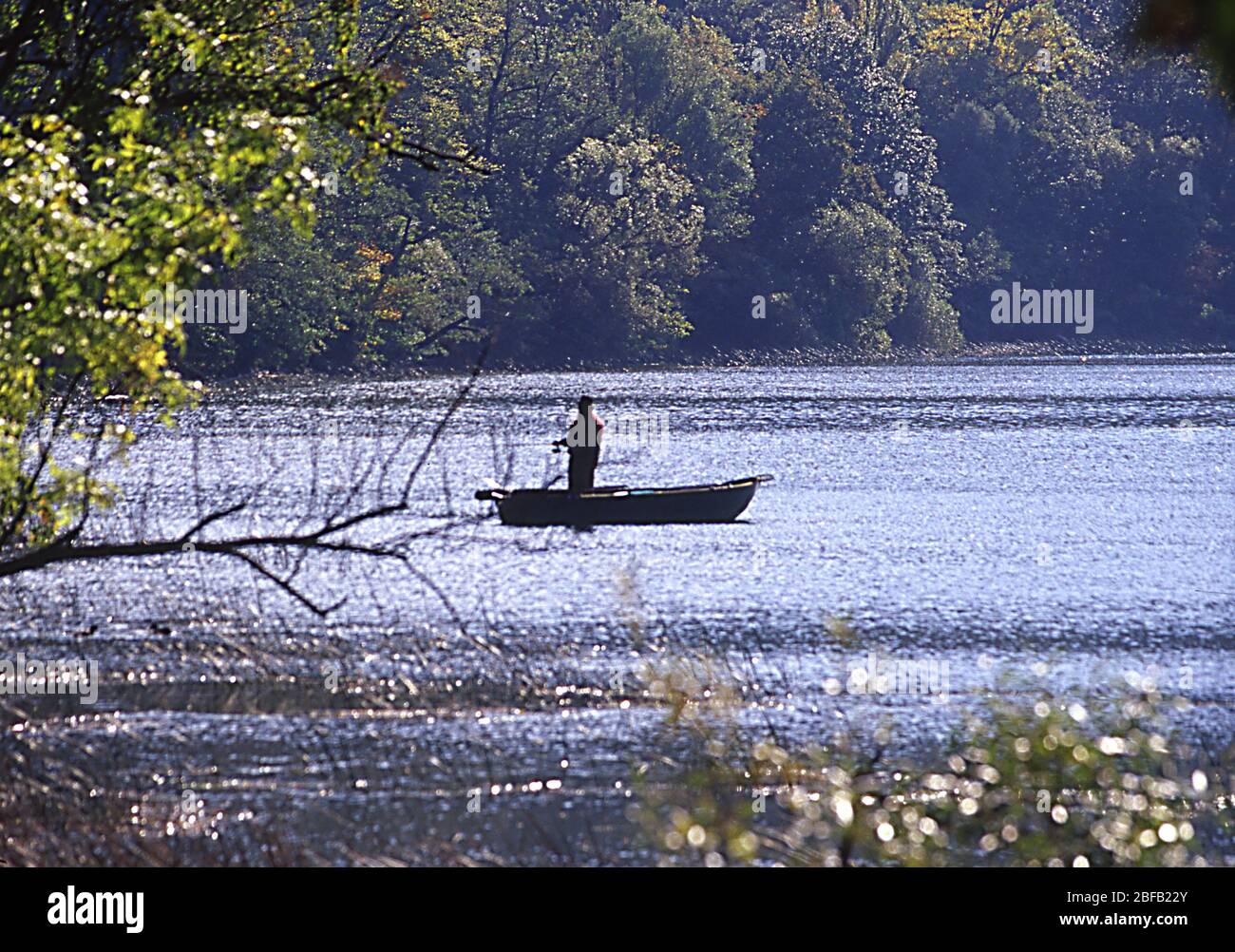 Pêcheur en bateau sur Laacher See Banque D'Images
