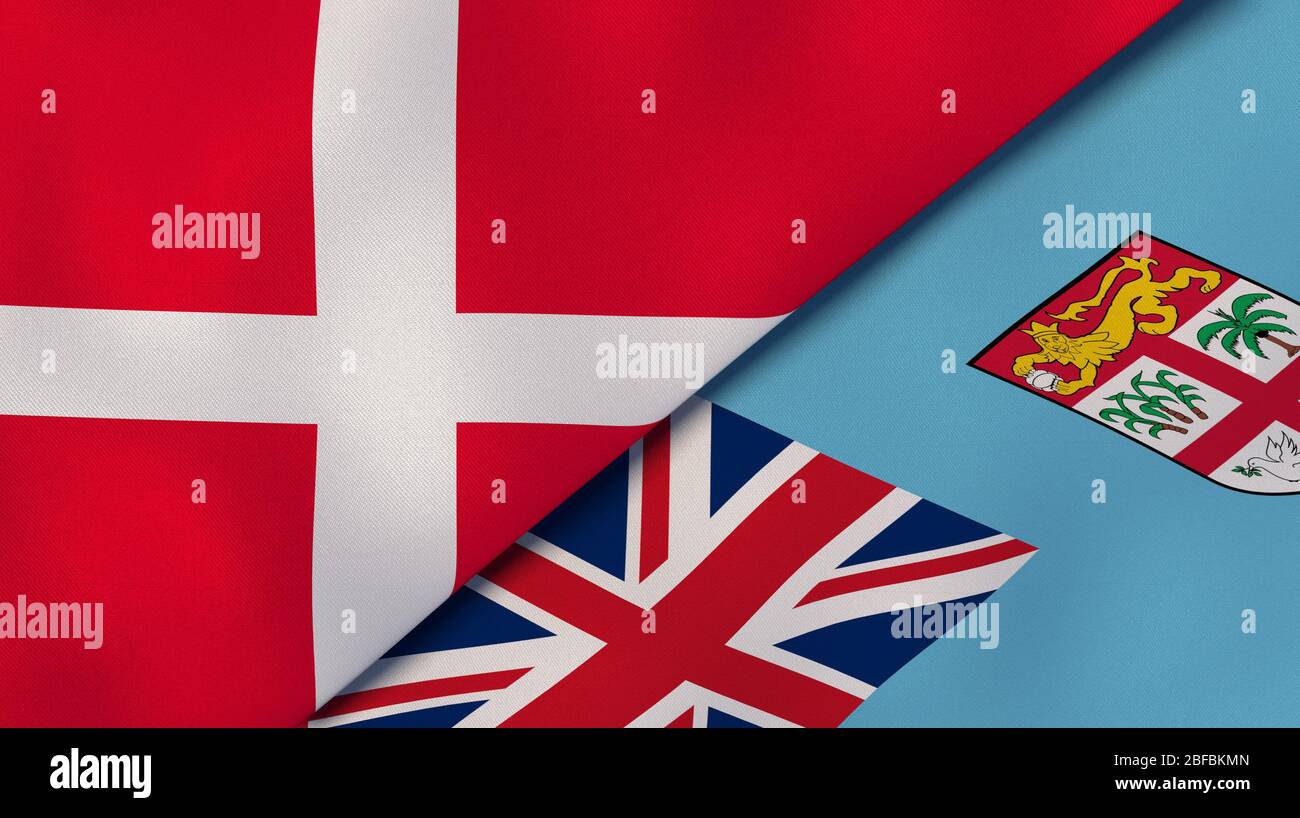 Deux drapeaux des Etats du Danemark et des Fidji. Expérience professionnelle de haute qualité. illustration tridimensionnelle Banque D'Images