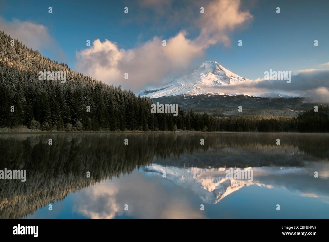 Les nuages de lumière et de tronçonnage du matin révèlent la chute de neige fraîche de l’automne sur le plus haut sommet de l’Oregon, le Mt Hood se reflétant dans le lac Trillium. Banque D'Images