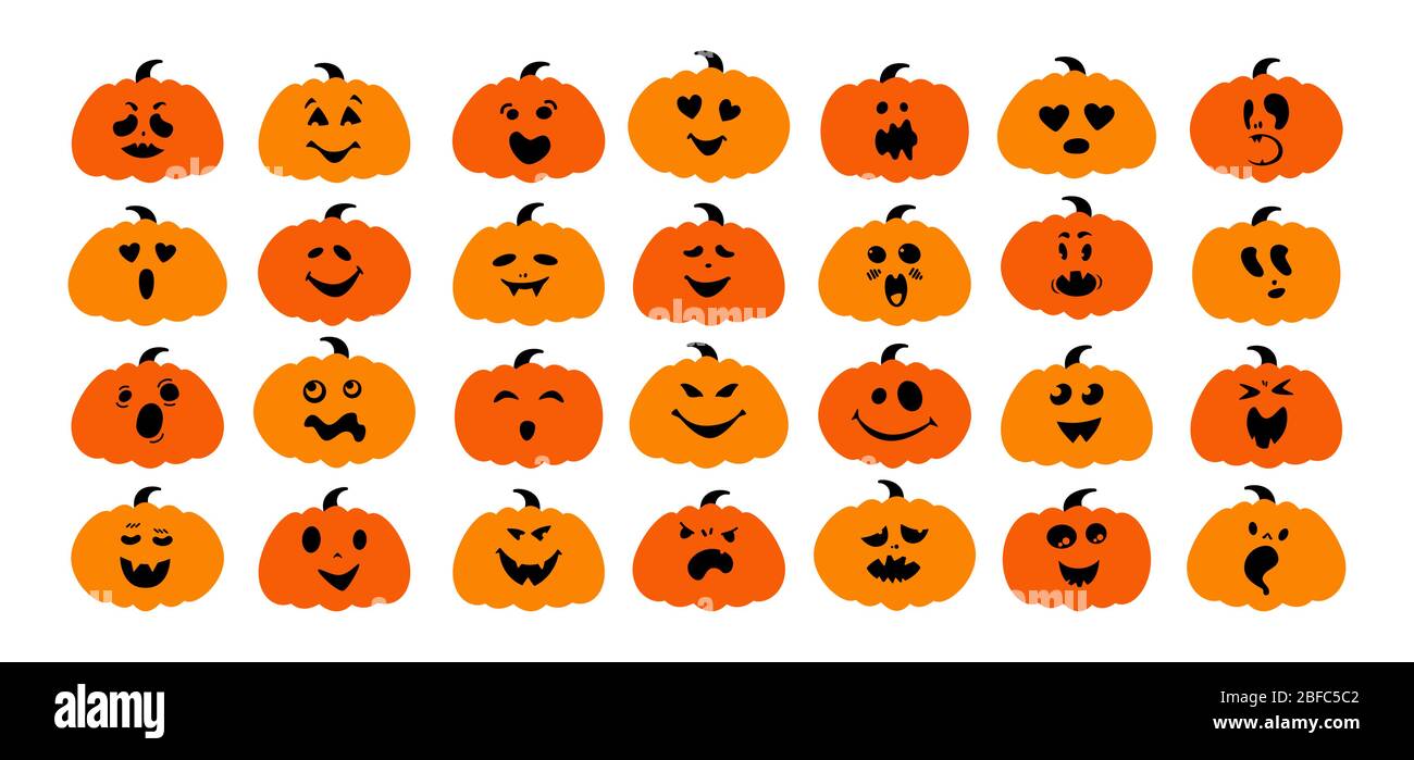 Drôle de citrouille avec un ensemble de dessins animés à plat. Collection Halloween de monstres mignons et fantomatiques, citrouilles effrayantes. Joyeux personnage de bande dessinée, cracheur ou drôle. Beaucoup de fantômes Halloween concept. Illustration vectorielle Illustration de Vecteur