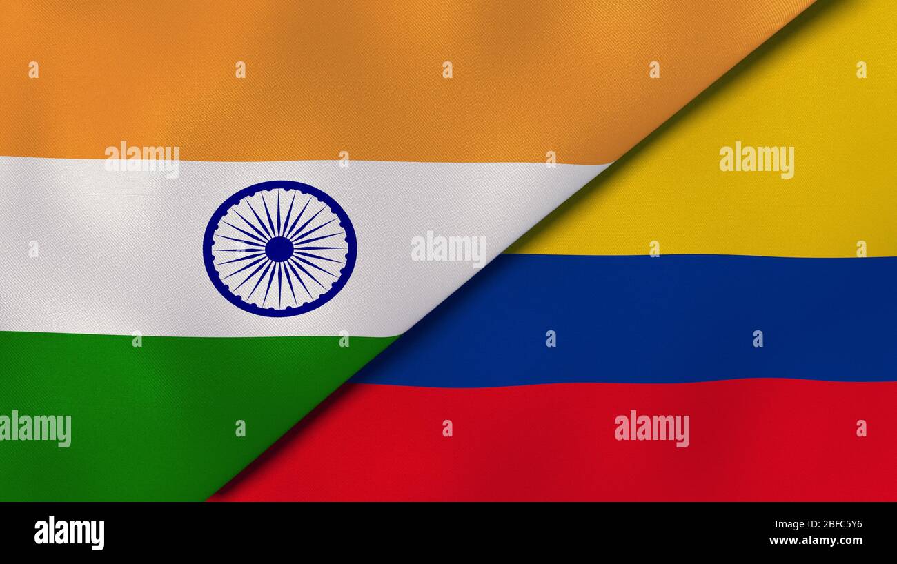 Deux drapeaux d'Etats de l'Inde et de la Colombie. Expérience professionnelle de haute qualité. illustration tridimensionnelle Banque D'Images