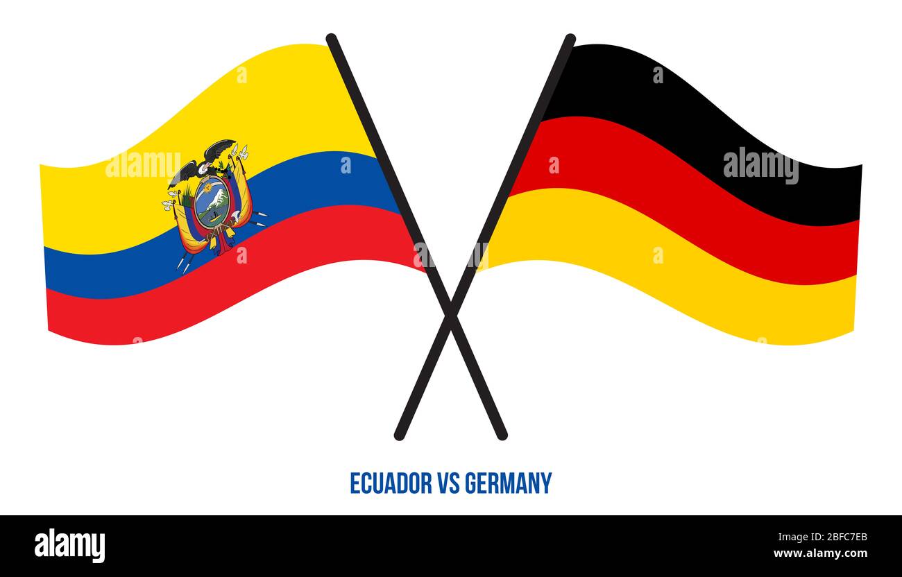 Équateur et Allemagne les drapeaux ont traversé et agitant le style plat. Proportion officielle. Couleurs correctes. Banque D'Images