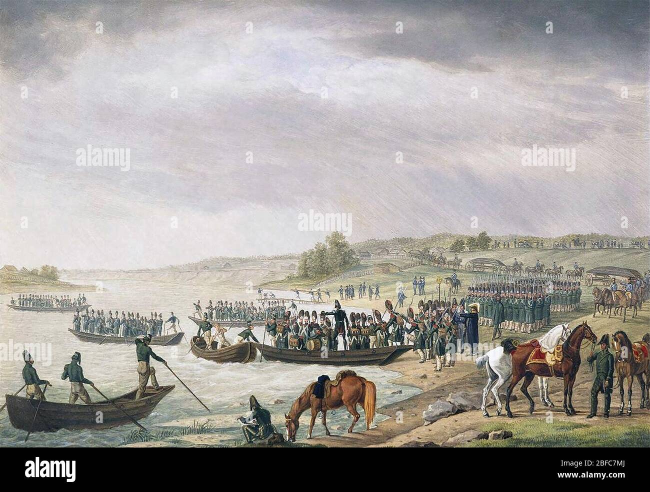 La société italienne d'Eugene Beauharnais traverse les Niemen le 30 juin 1812. Par Albrecht Adam Banque D'Images