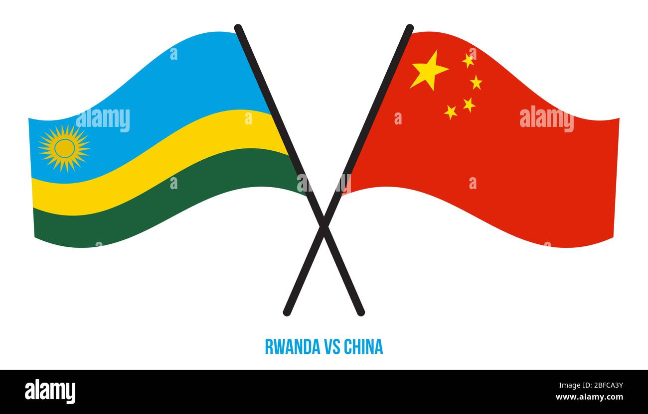 Rwanda et drapeaux de Chine ont traversé et agitant le style plat. Proportion officielle. Couleurs correctes. Banque D'Images