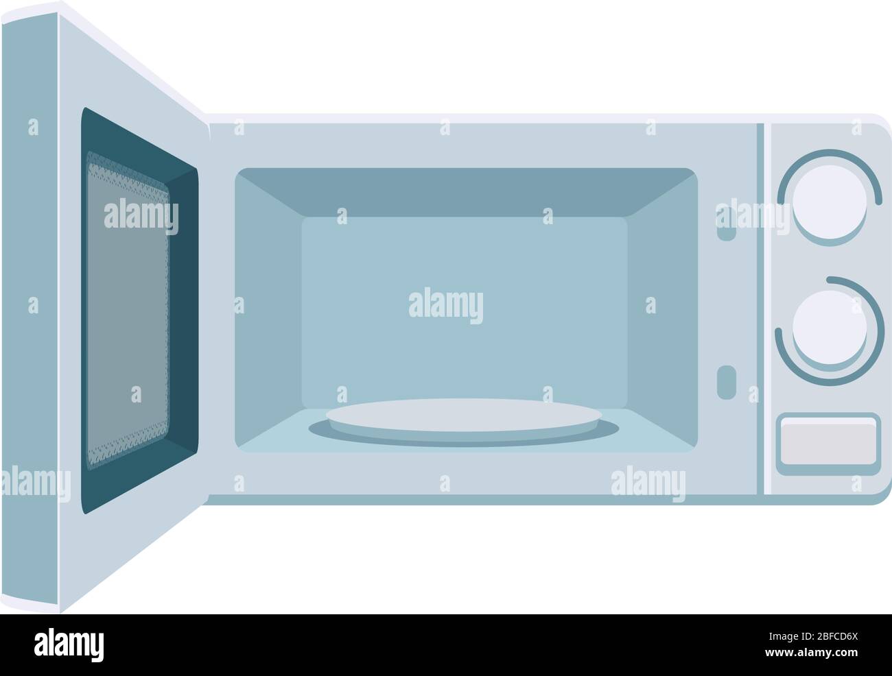 Micro-ondes ouvert avec espace vide à l'intérieur, vecteur de vue avant. Illustration du four électrique. Élément isolé de l'appareil de cuisine. Modèle de conception plate sur fond blanc. Clip de style dessin animé Illustration de Vecteur