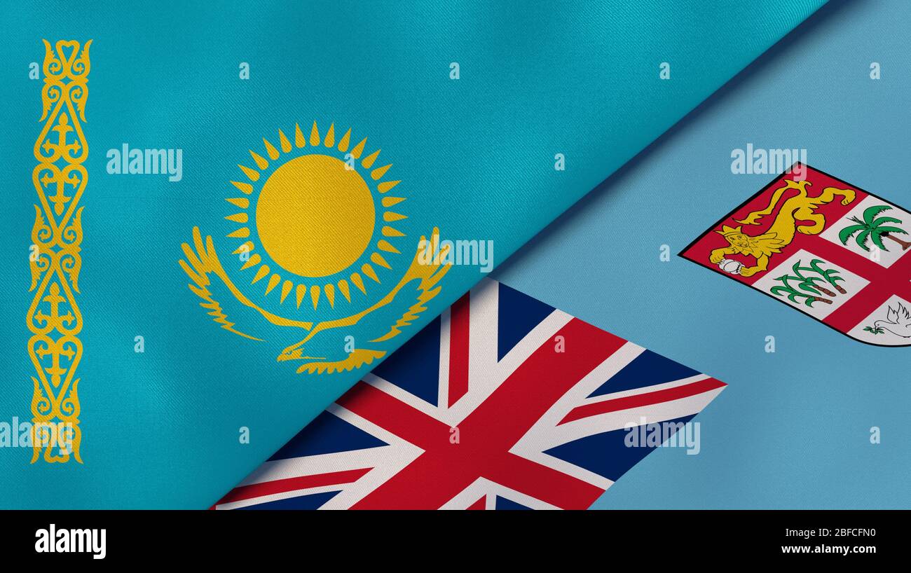 Deux drapeaux des Etats du Kazakhstan et des Fidji. Expérience professionnelle de haute qualité. illustration tridimensionnelle Banque D'Images