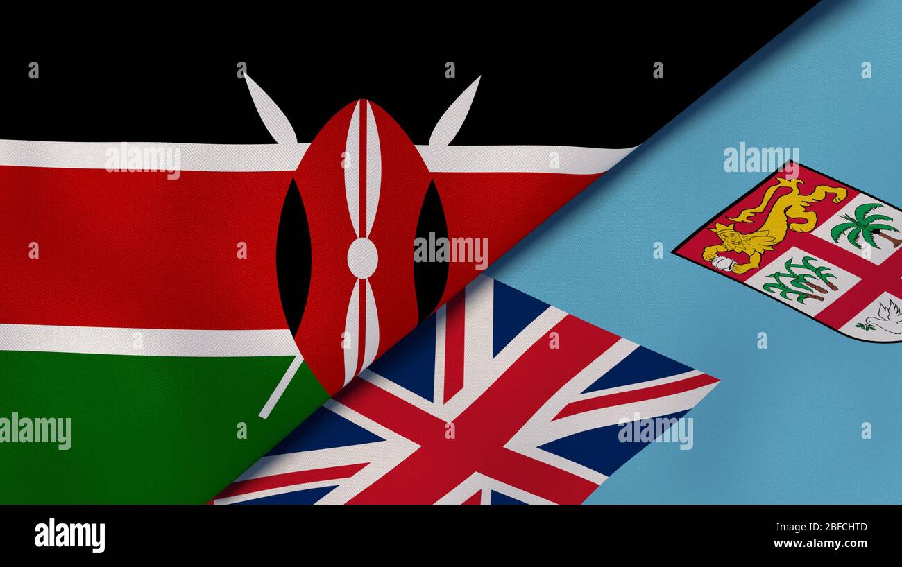 Deux drapeaux des Etats du Kenya et des Fidji. Expérience professionnelle de haute qualité. illustration tridimensionnelle Banque D'Images