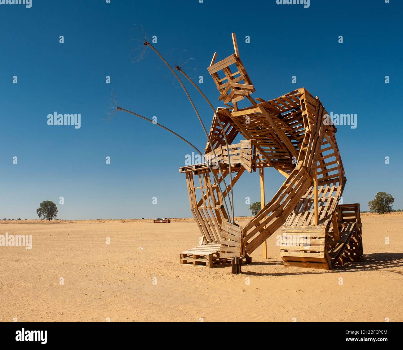 La sculpture de l'homme plantant la fleur, construite de palettes en bois. Symbole de la transformation du désert dans le sud d'Israël. Kibbutz Gevulot, bande de Gaza Banque D'Images