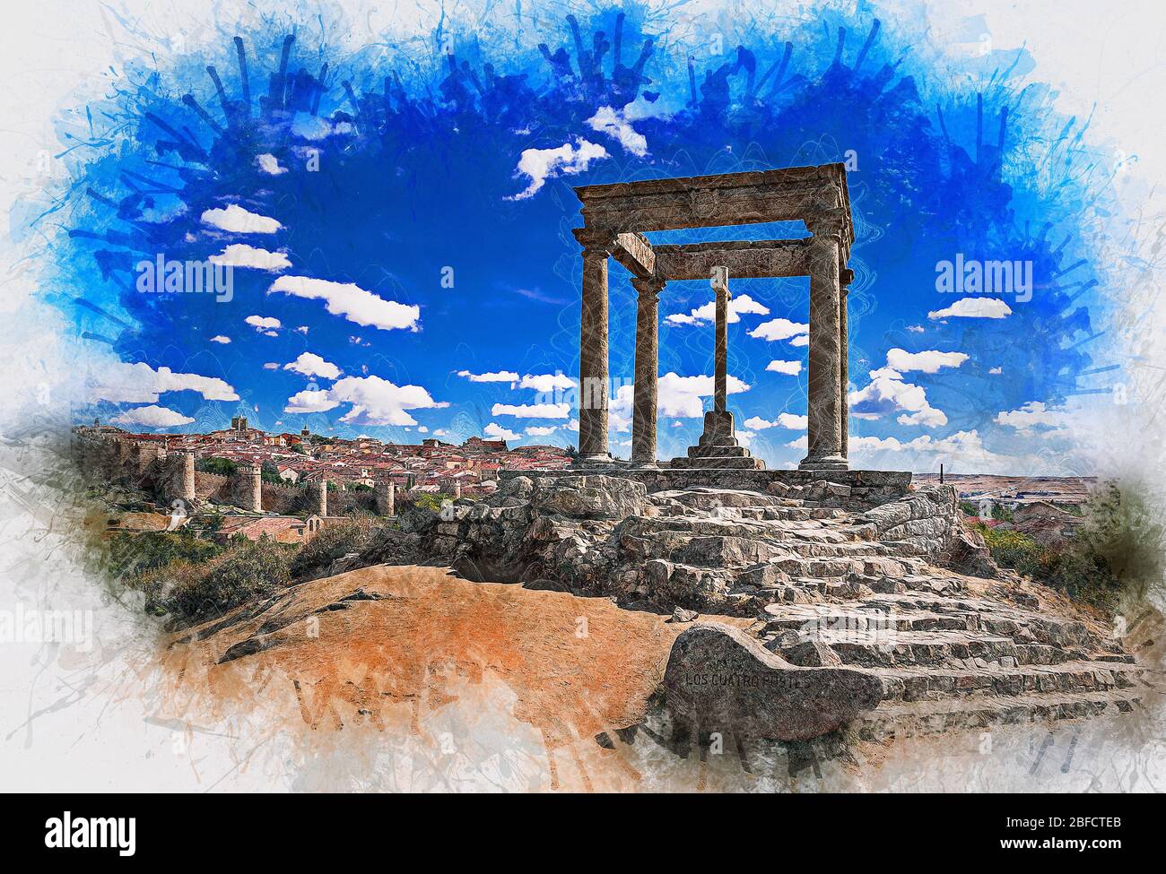 Point de vue "Los Cuatro Poses" avec des murs de la vieille ville d'Avila, Espagne. Illustration d'esquisse crayon de couleur. Banque D'Images