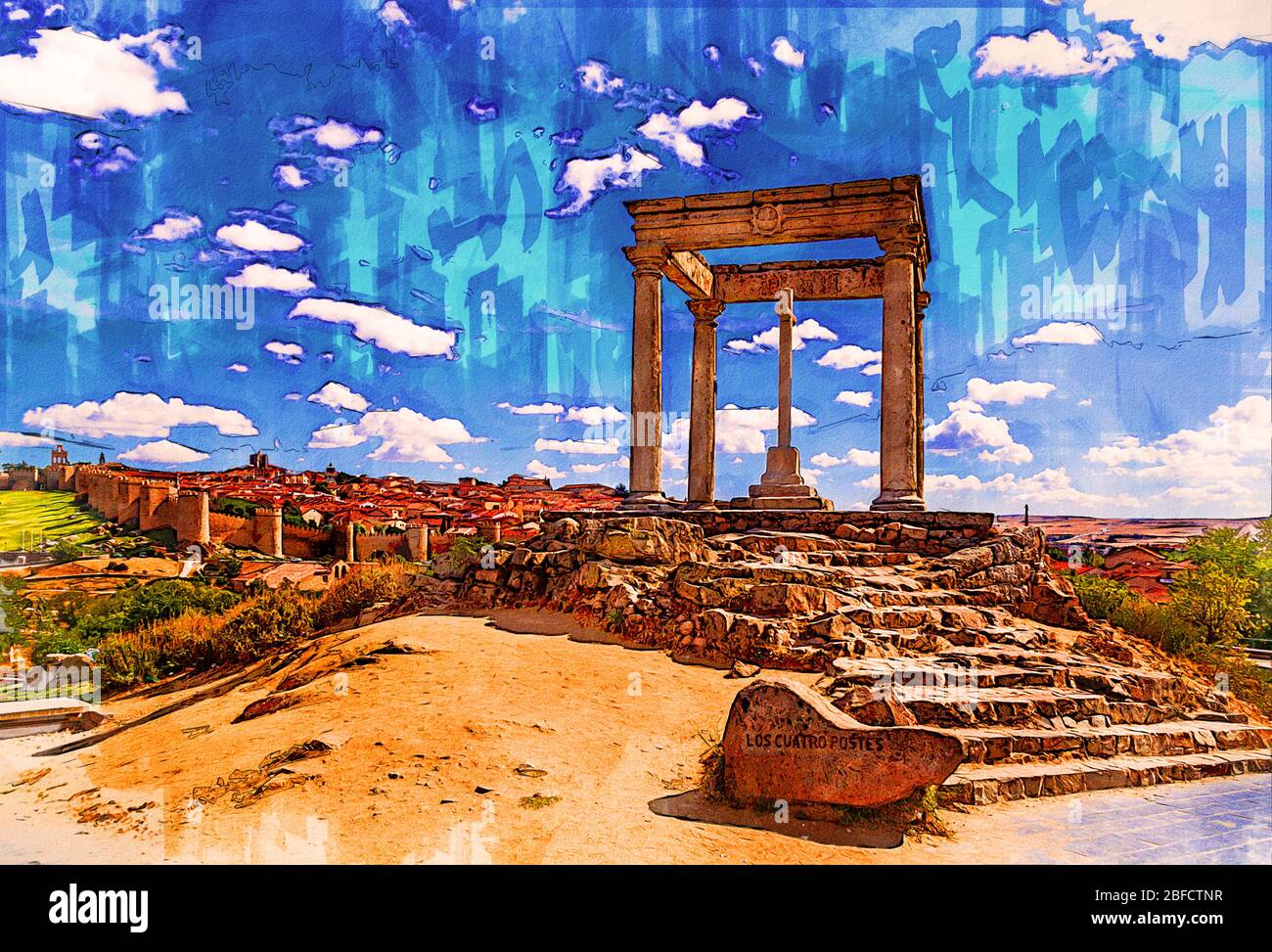 Point de vue "Los Cuatro Poses" avec des murs de la vieille ville d'Avila, Espagne. Illustration d'esquisse crayon de couleur. Banque D'Images