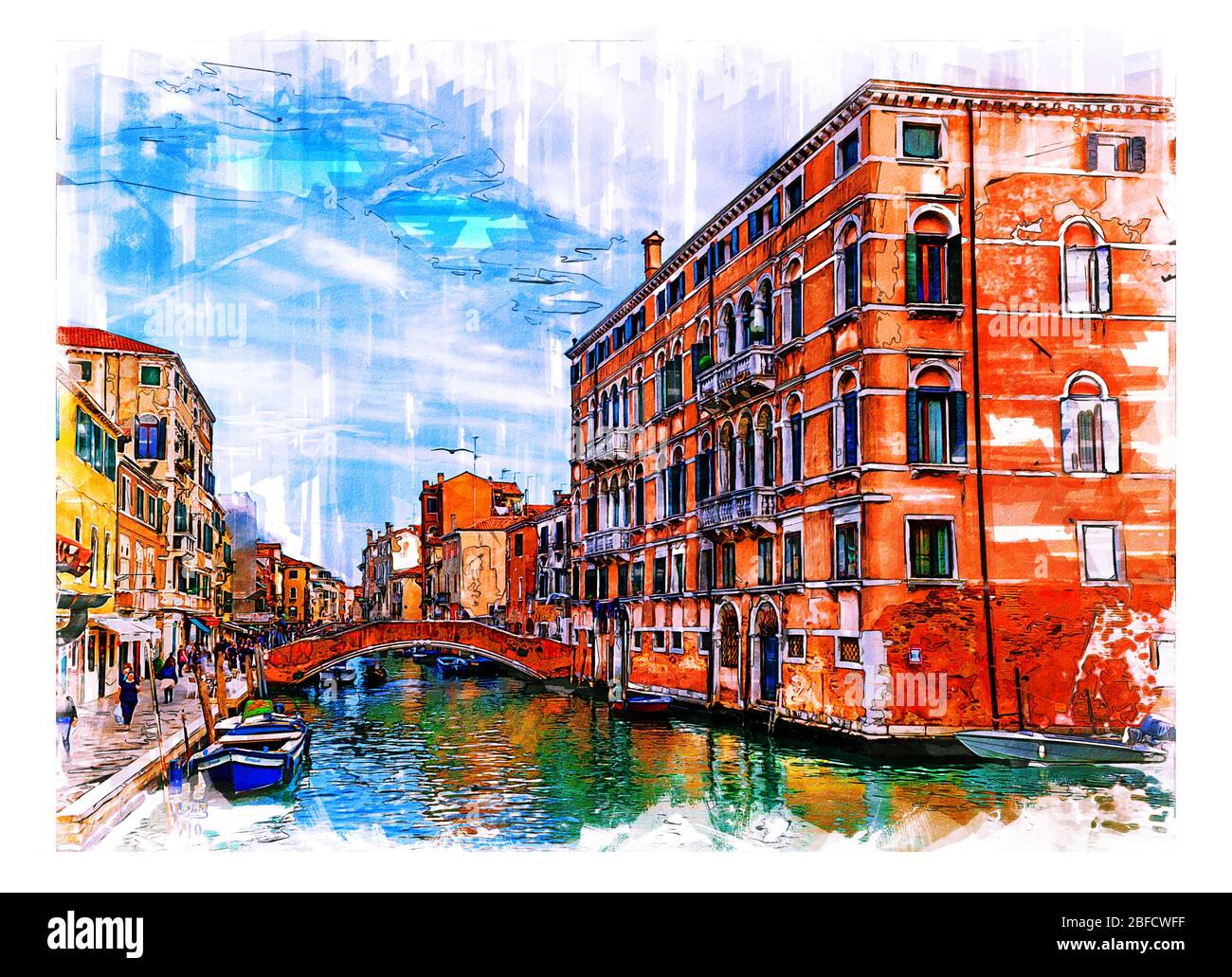 Fondeenta dei Ormesini, Venise, Italie. Crayon de couleur et illustration du style d'esquisse aquarelle. Banque D'Images