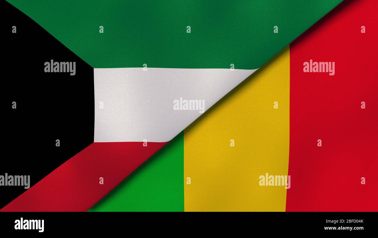 Deux drapeaux des Etats du Koweït et du Mali. Expérience professionnelle de haute qualité. illustration tridimensionnelle Banque D'Images