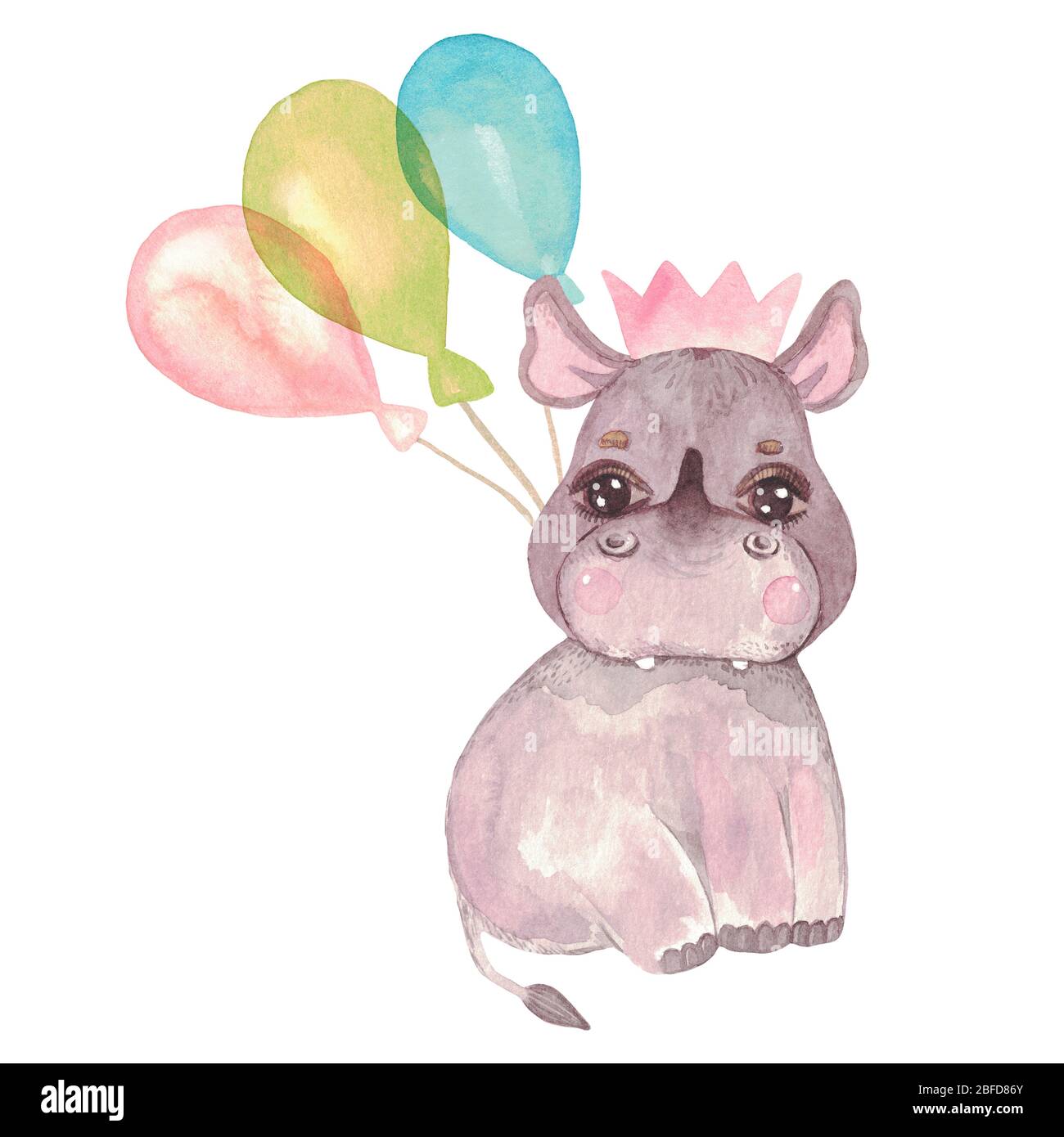 Illustration aquarelle d'un joli rhinocéros de bébé. Caractère festif dans une couronne, un noeud, un ballon. Safari animal pour cartes d'invitation, douche de bébé, nurser Banque D'Images