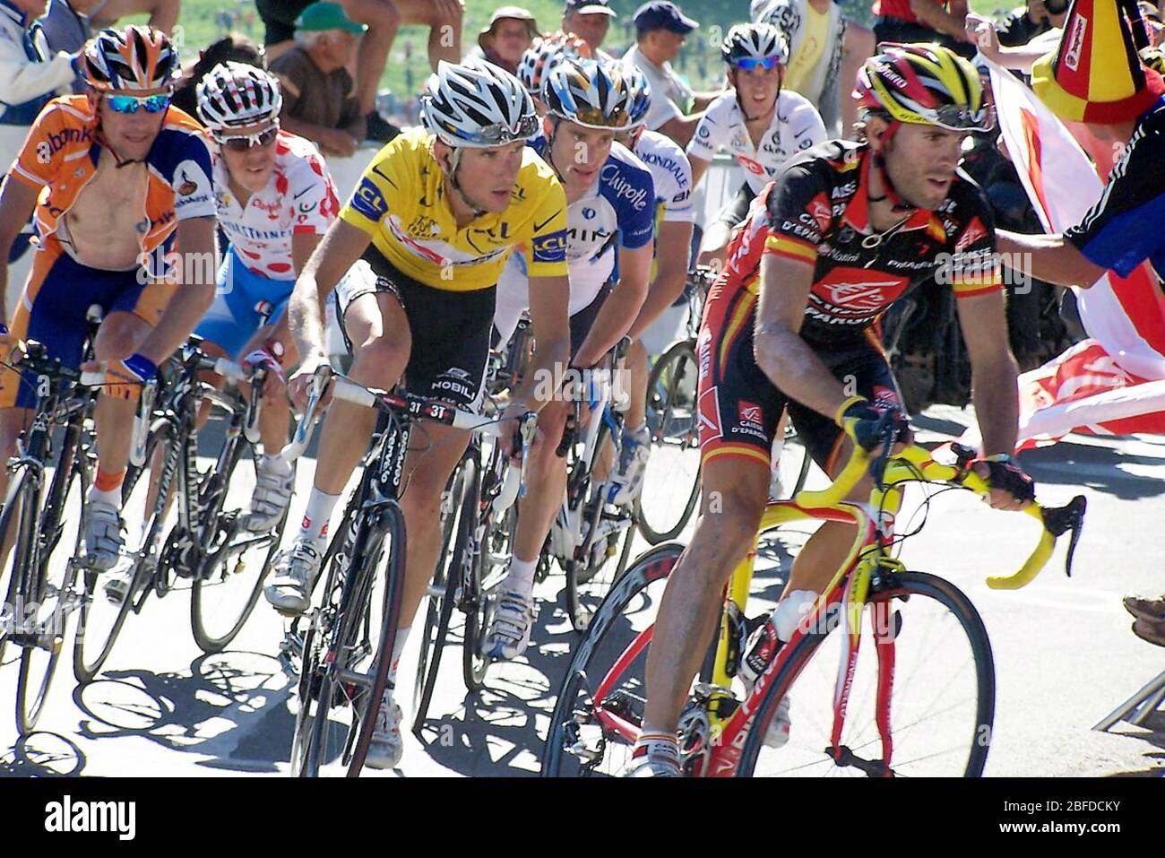 Denis Menchov de Rabobank,Fränk Schleck de l'équipe CSC-Saxo Bank et  Alejandro Valverde de la Caisse d'épargne lors du Tour de France 2008,  course cycliste de la phase 17, Embrun – l'Alpe d'Huez (