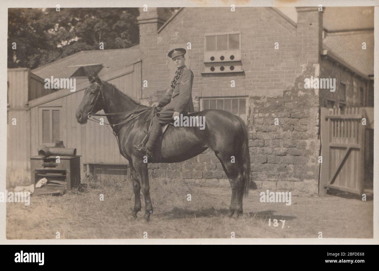 Carte postale photographique d'époque d'un soldat britannique monté sur la première Guerre mondiale. Posté de Doncaster en 1914. Banque D'Images