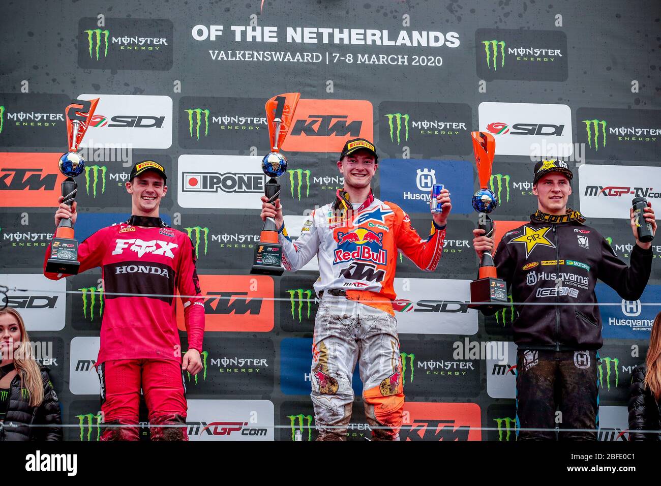 Valkenswaard (Pays-Bas, Italie). valkenswaard (pays-bas), Italie, 08 mars 2020, Podio classe MXGP 1Ã‚Â° Herlings 2Ã‚Â° Gajser 3Ã‚Â° Jasikonis pendant - - - crédit: LM/Davide Messora crédit: Davide Messora/LPS/ZUMA Wire/Alay Live News Banque D'Images