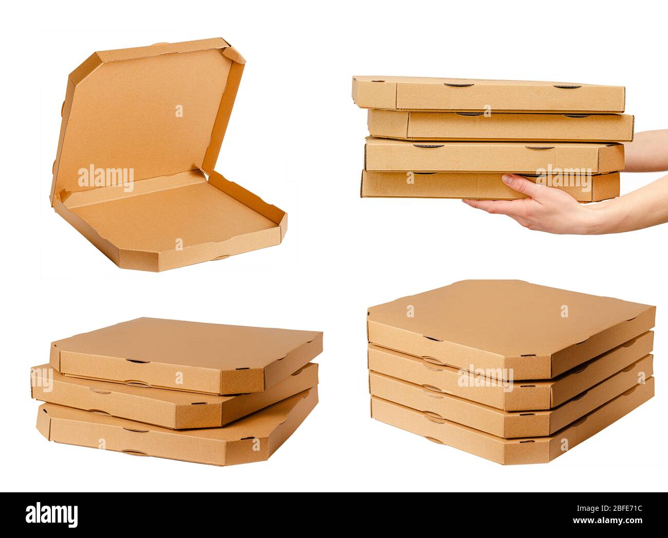 Collection de boîtes en carton à pizza isolée sur blanc. Banque D'Images