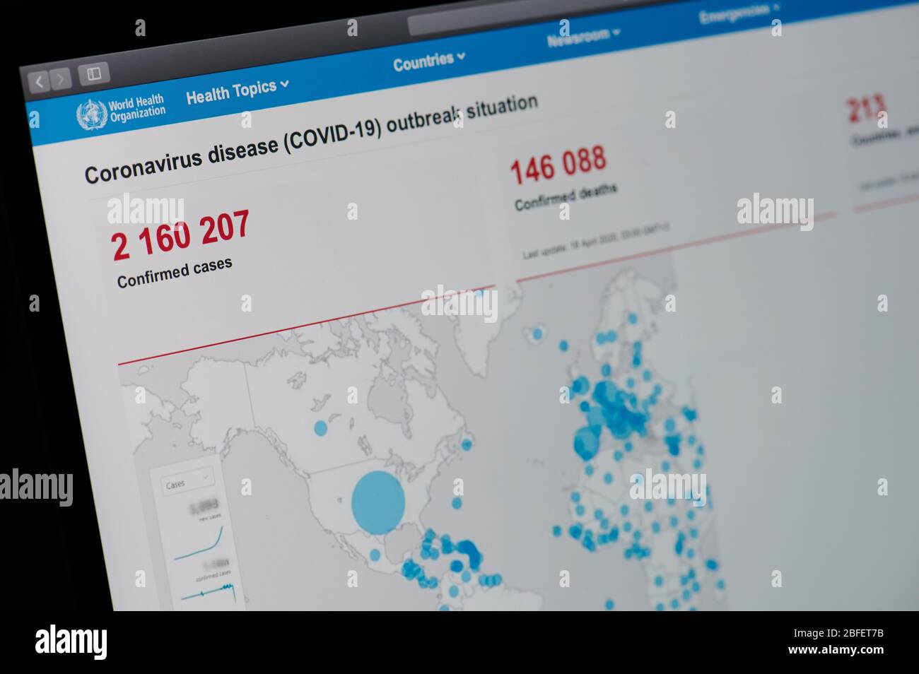 New-York , États-Unis - 18 avril 2020: Cas confirmés de Covid dans LE site WEB DE L'OMS vue rapprochée sur l'écran d'ordinateur portable Banque D'Images