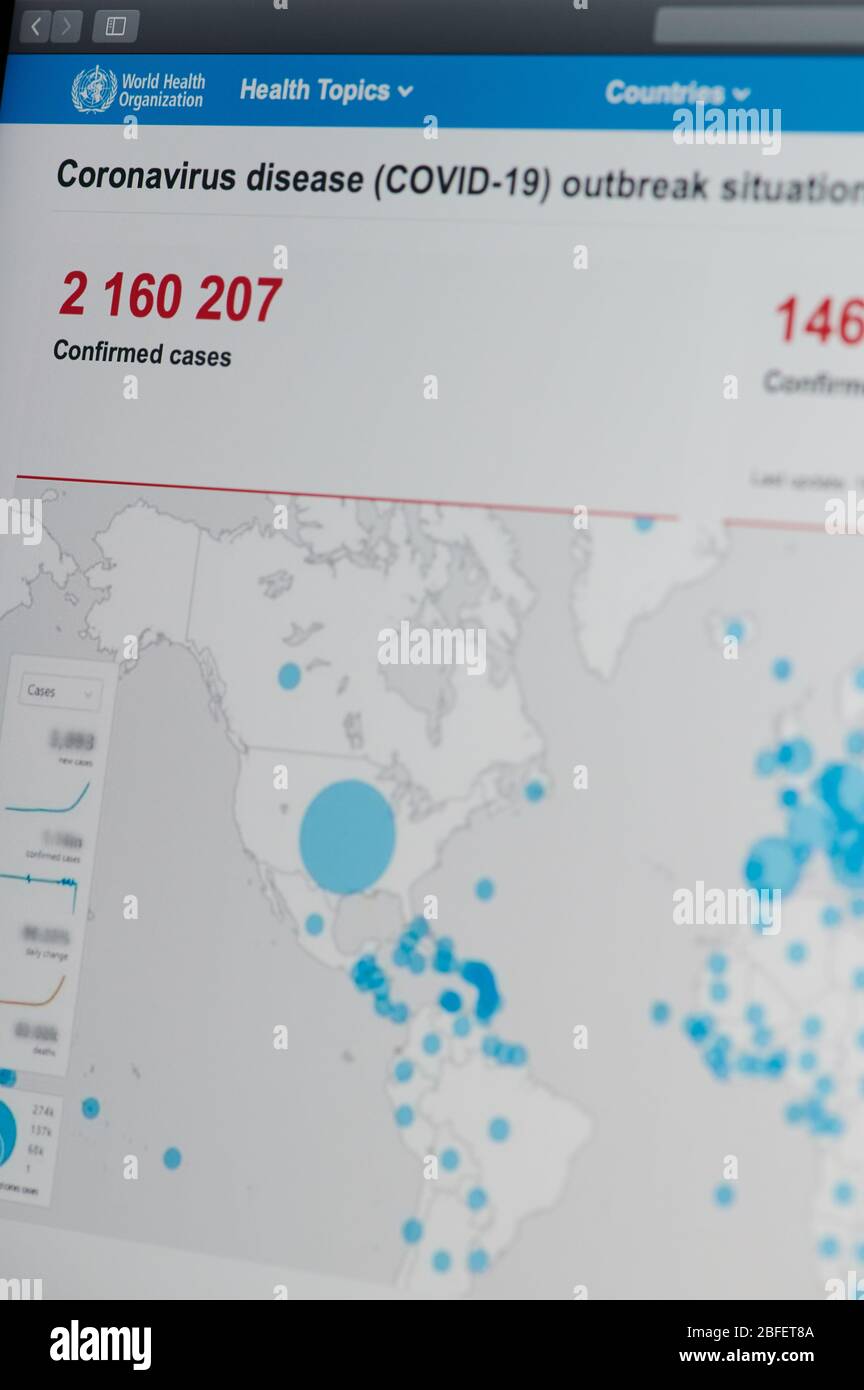 New-York , États-Unis - 18 avril 2020: Carte de l'épidémie de coronavirus sur le site de l'OMS vue rapprochée sur l'écran d'un ordinateur portable Banque D'Images