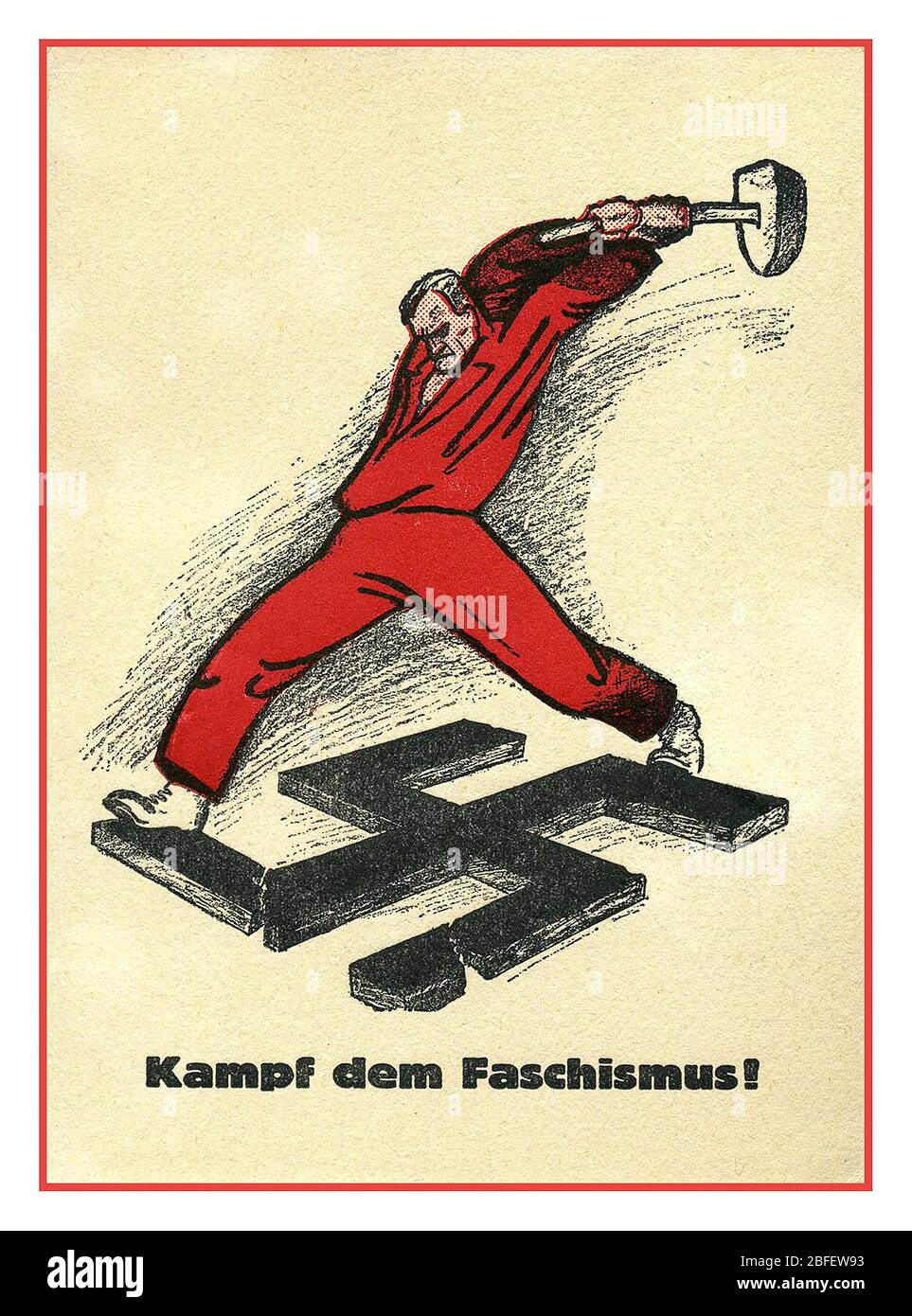 COMBAT FACISM ANTI-NAZI affiche de propagande politique vintage des années 1930 archive anti-nazi affiche 'lutte contre le fascisme' des années 1930, propagande anti-nazie.-AK Kampf dem Faschismus, homme en rouge swastika avec marteau Mann in rot mit Hammer zerschlägt Hakenkreuz Banque D'Images