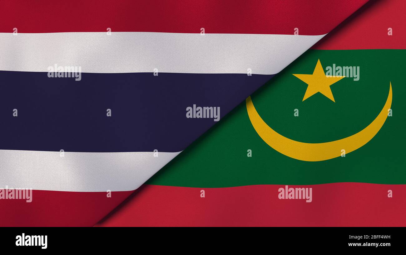 Deux drapeaux d'Etats de Thaïlande et de Mauritanie. Expérience professionnelle de haute qualité. illustration tridimensionnelle Banque D'Images