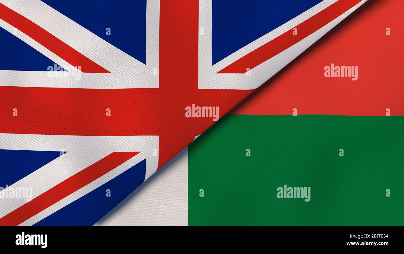 Deux drapeaux des Etats du Royaume-Uni et de Madagascar. Expérience professionnelle de haute qualité. illustration tridimensionnelle Banque D'Images