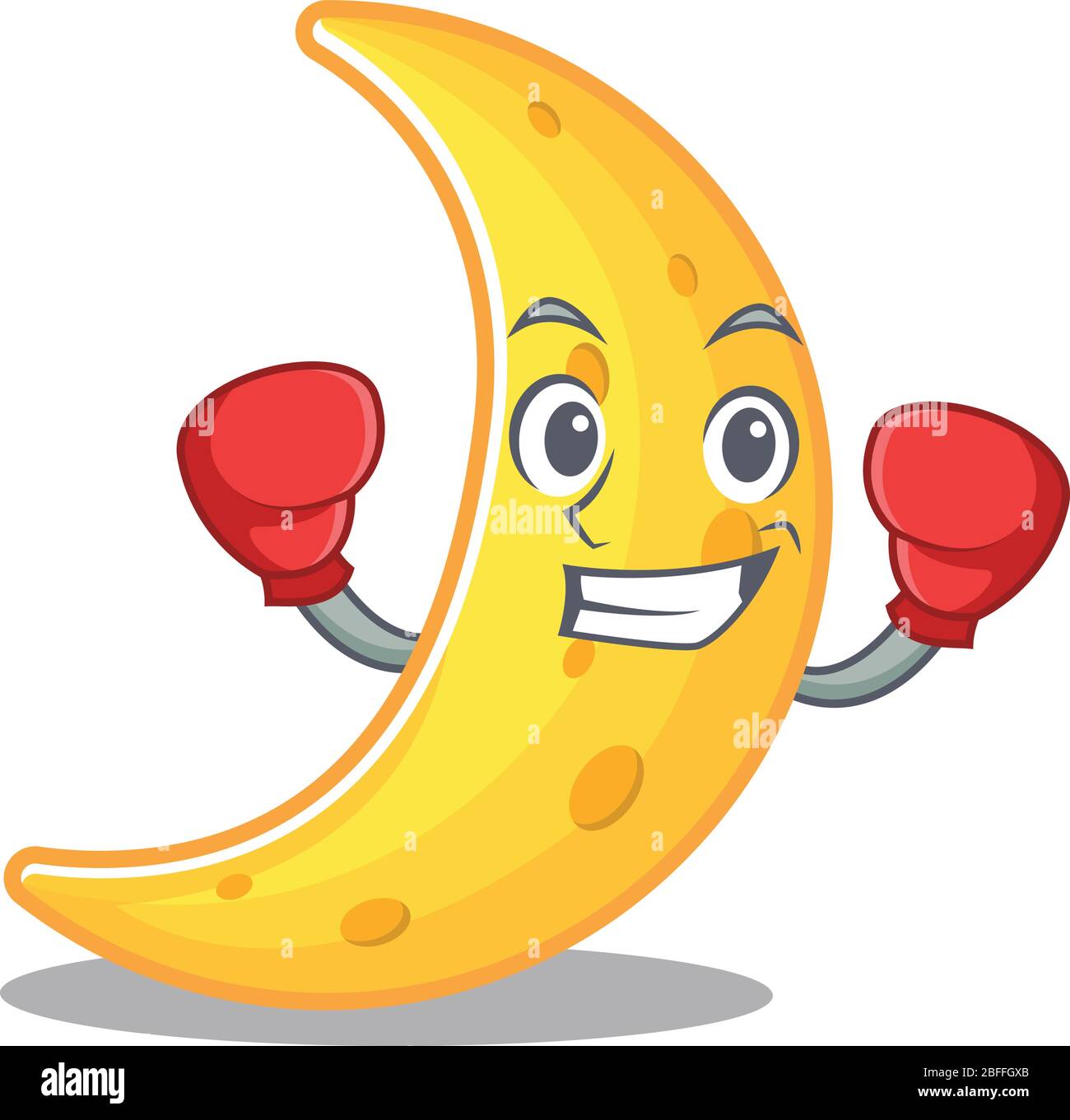 Une mascotte sportive d'athlète de boxe de croissant de lune avec des gants de boxe rouge Illustration de Vecteur