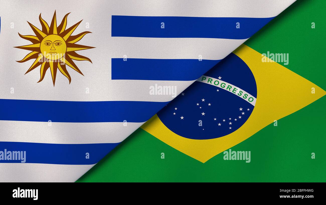 Deux drapeaux d'Uruguay et du Brésil. Expérience professionnelle de haute qualité. illustration tridimensionnelle Banque D'Images