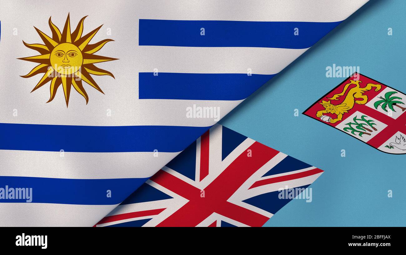 Deux drapeaux des États de l'Uruguay et des Fidji. Expérience professionnelle de haute qualité. illustration tridimensionnelle Banque D'Images