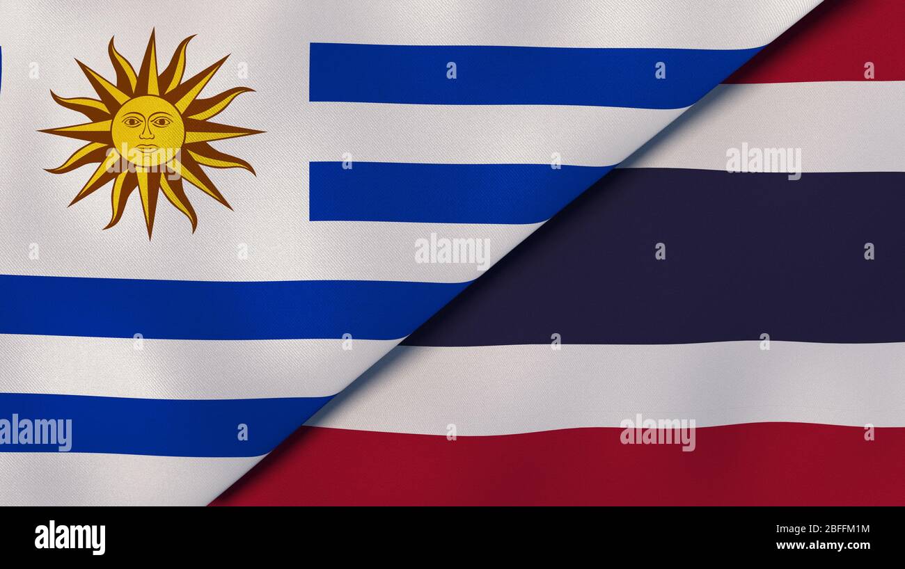 Deux drapeaux d'Uruguay et de Thaïlande. Expérience professionnelle de haute qualité. illustration tridimensionnelle Banque D'Images