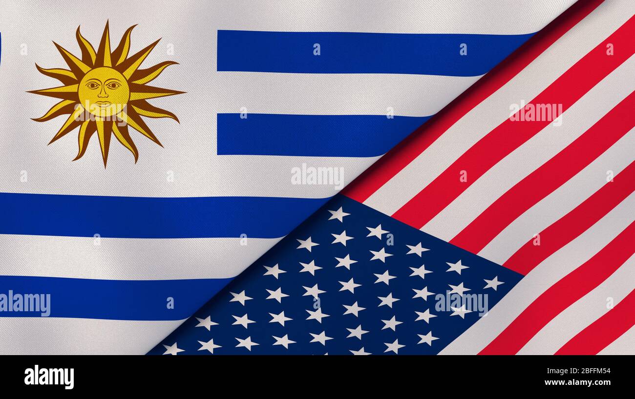 Deux drapeaux d'Uruguay et des États-Unis. Expérience professionnelle de haute qualité. illustration tridimensionnelle Banque D'Images