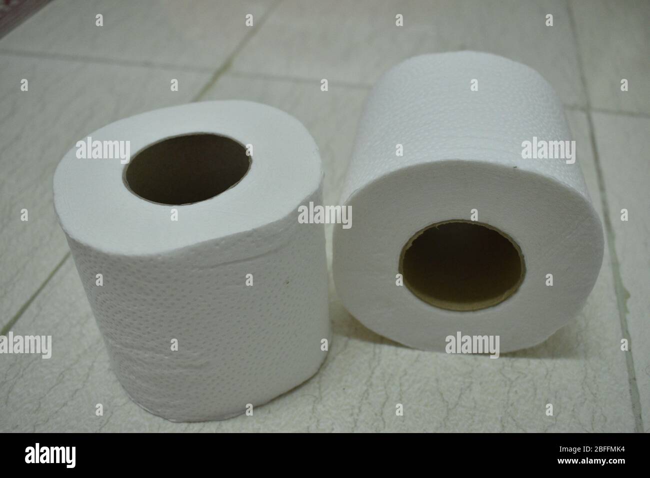 Vue détaillée des rouleaux de papier toilette isolés sur fond blanc Banque D'Images