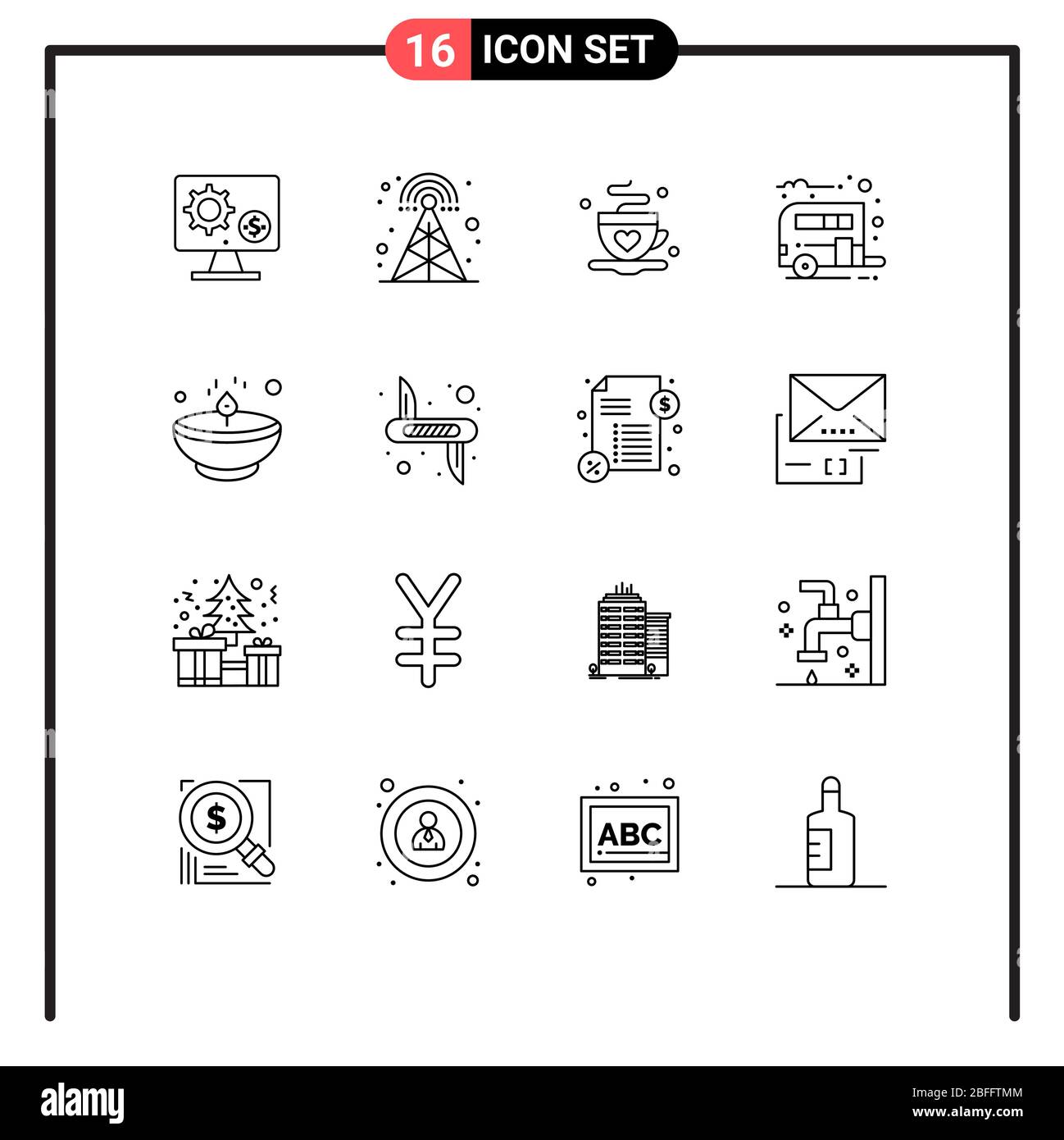 Ensemble de 16 icônes modernes d'interface utilisateur symboles signes pour le transport, camping, radio, camp, thé Editable Vector Design Elements Illustration de Vecteur