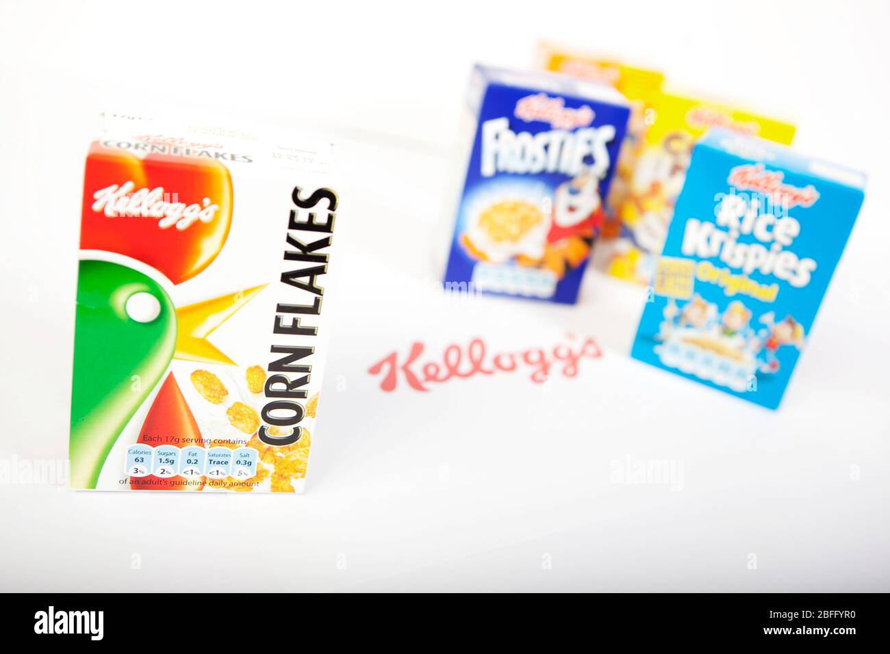 Une variété de céréales Kellogg's produits en boîte. Banque D'Images