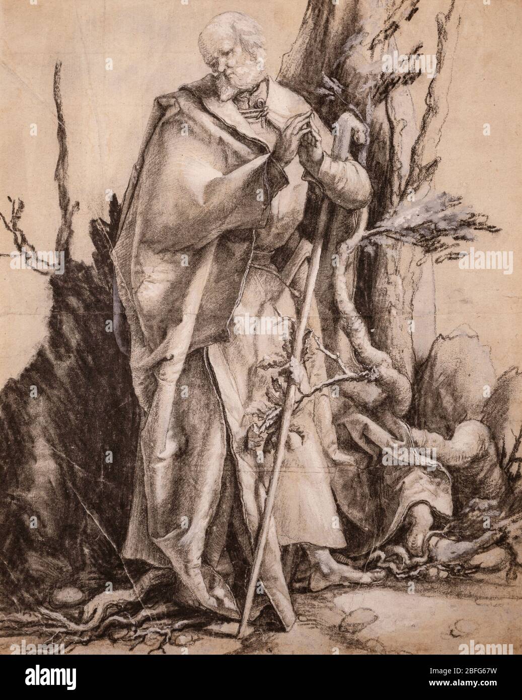 'Saint barbu dans une forêt' (c. 1516) par Matthias Grünewald (1470–1529) précédemment attribué à Albrecht Dürer (1471 – 1528).craie noire, renforcée. Banque D'Images