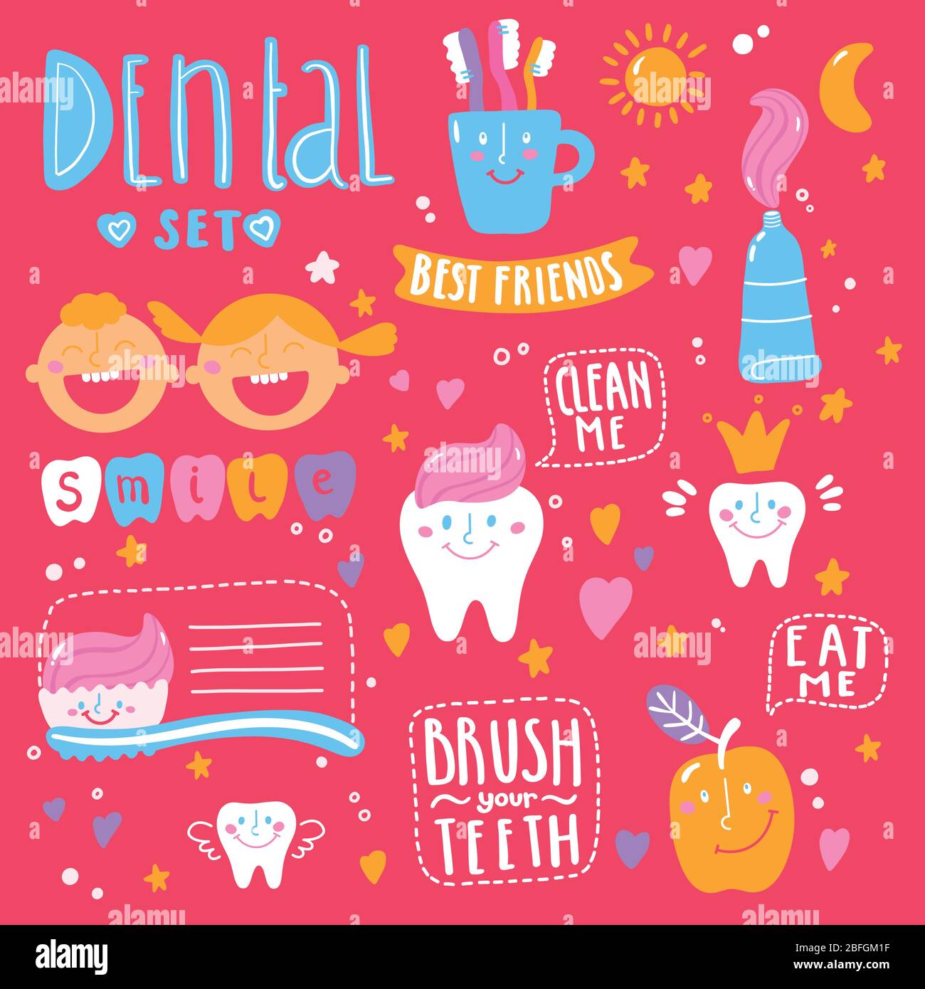 Hygiène dentaire pour enfant - icônes. Concept de soins buccaux à la main. Illustration de Vecteur