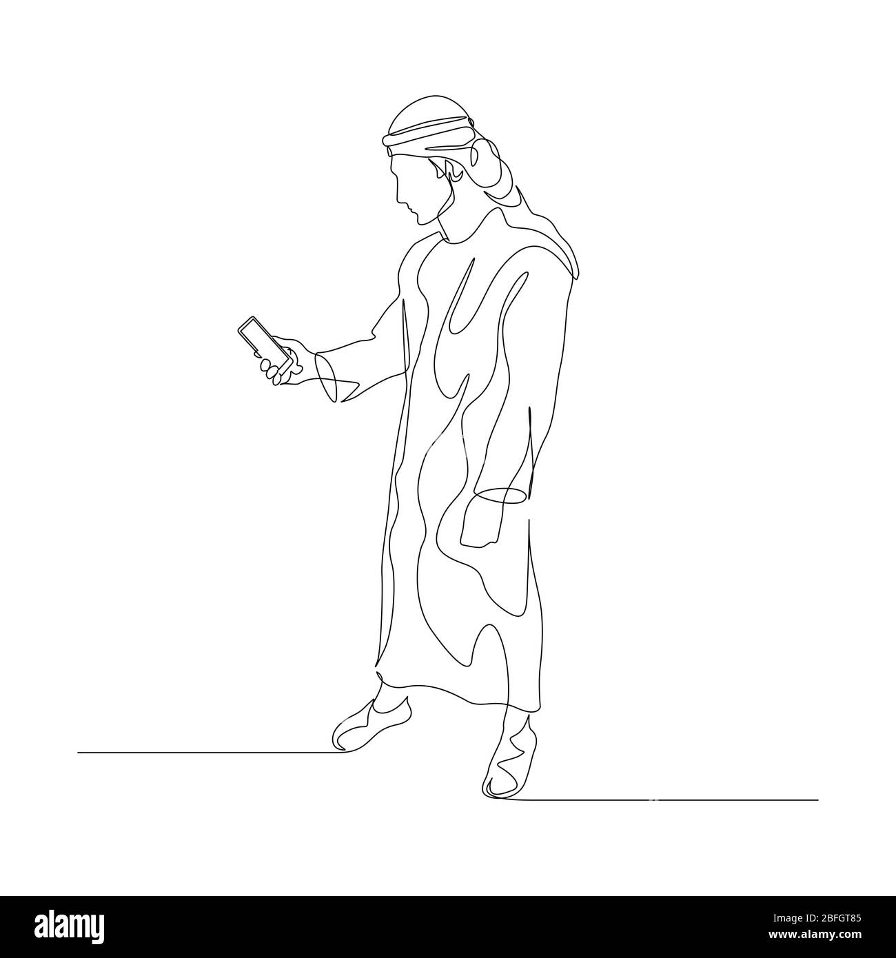 Un homme continu d'une ligne en vêtements arabes utilise un smartphone. Illustration vectorielle. Illustration de Vecteur