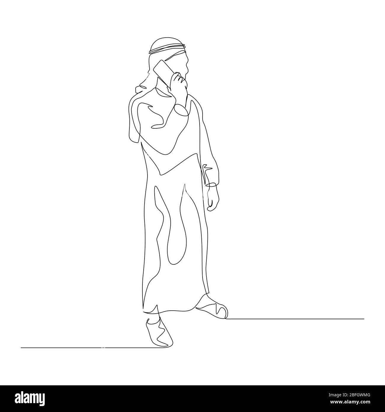 Homme continu d'une ligne en vêtements arabes parlant sur smartphone. Illustration vectorielle. Illustration de Vecteur
