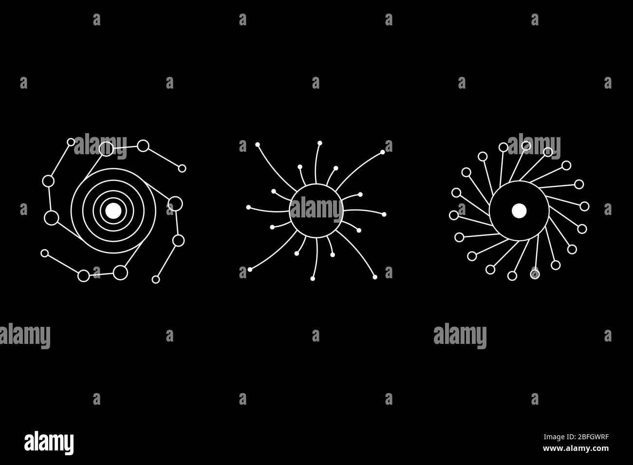 Jeu de symboles blancs à géométrie spirale ronde magique avec cercle inscrit. Illustration du stock vectoriel. Illustration de Vecteur