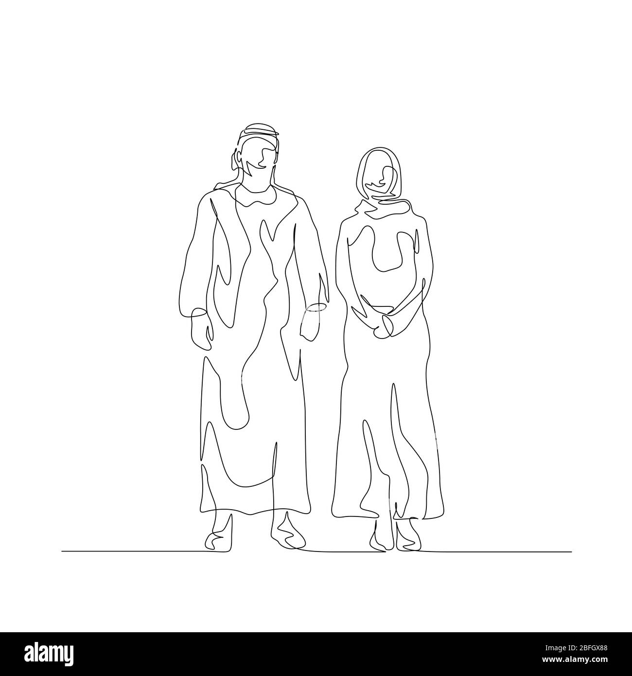Couple musulman continu d'une ligne en vêtements arabes. Illustration vectorielle. Illustration de Vecteur