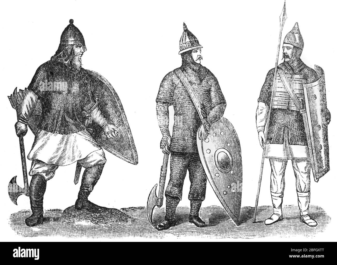 Guerriers russes, 11ème siècle, illustration du livre daté de 1916 Banque D'Images