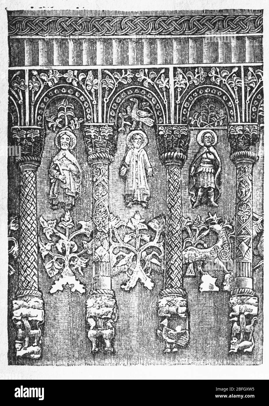 Bas reliefs de la cathédrale Saint-Demetrius, Vladimir, illustration du livre daté de 1916 Banque D'Images