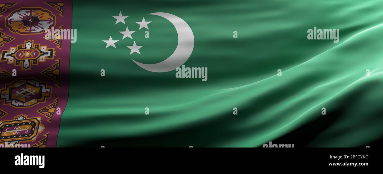 Symbole du signe Turkménistan, drapeau national qui agrée la texture fond, langue, concept culturel, bannière. illustration tridimensionnelle Banque D'Images