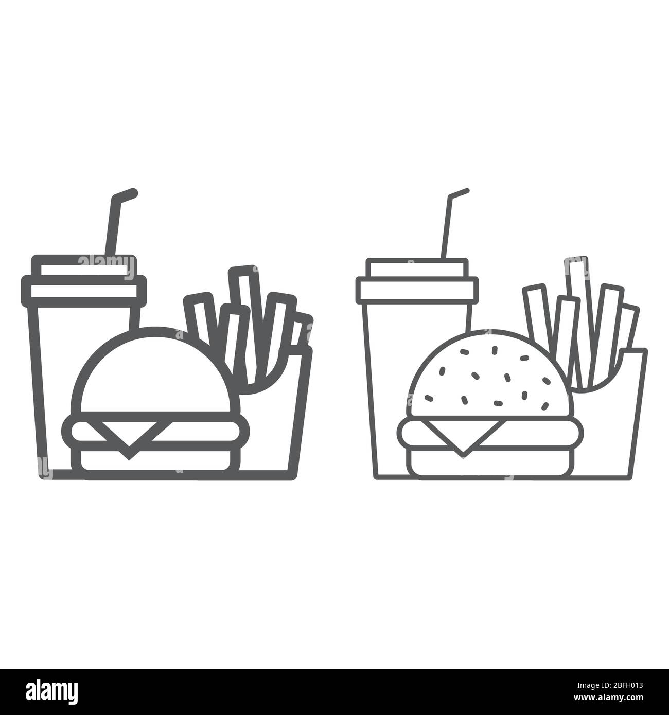 Burger frites et soda ligne et icône mince, Fast food et livraison, combo déjeuner signe, graphiques vectoriels, une icône linéaire sur un fond blanc, eps 10. Illustration de Vecteur