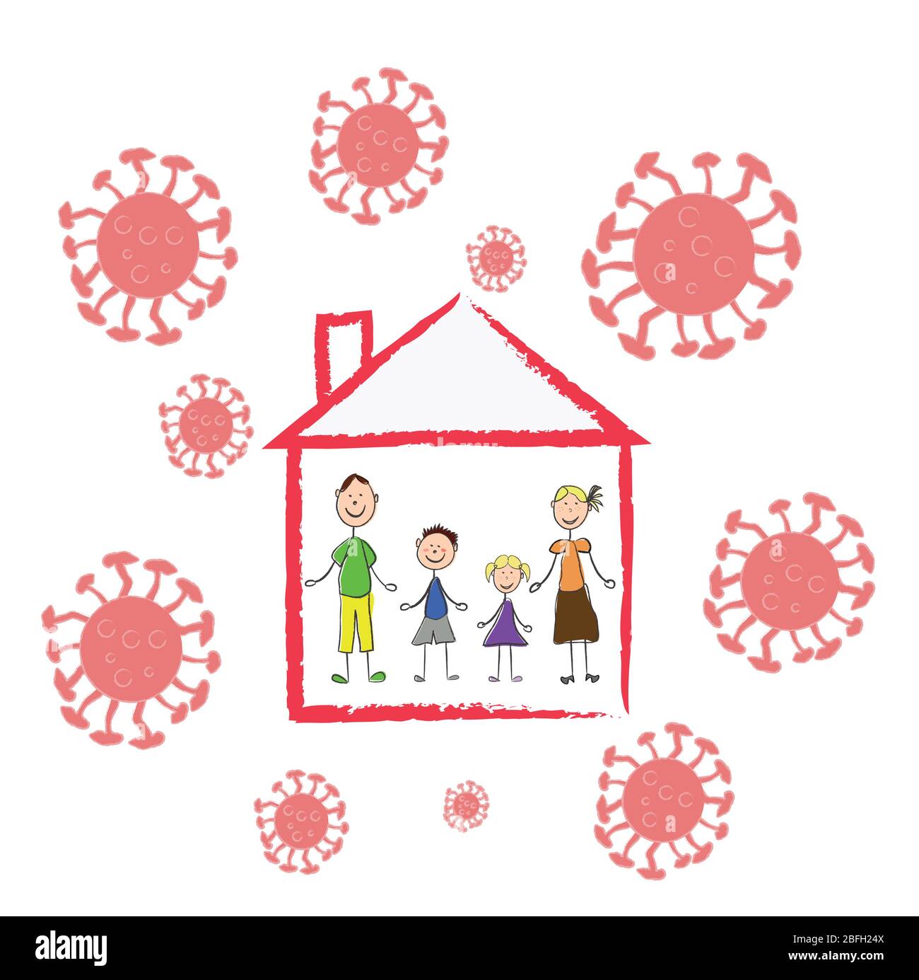 Protection contre le coronavirus. Restez à la maison. Les personnes à l'intérieur de la maison en quarantaine et les virus autour Illustration de Vecteur