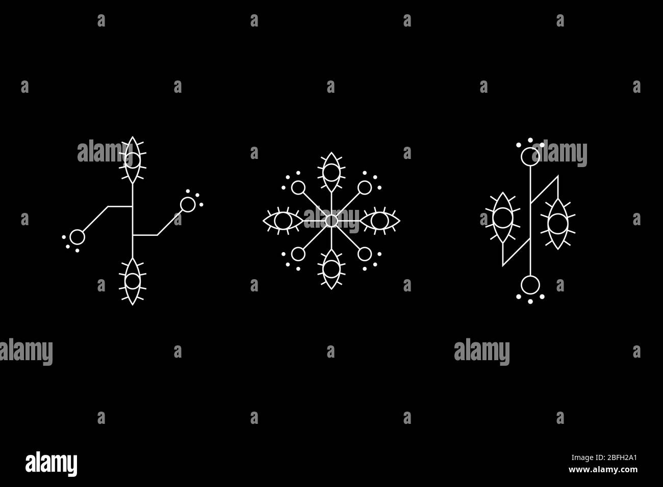 Jeu de symboles blancs de géométrie magique. Signes oculaires. Inscriptions secrètes anciennes. Signes OVNIS. Dessins de la grotte. Symboles de conception pour les jeux de puzzle, de logique, de métroidvania et d'indie. Illustration du stock vectoriel. Illustration de Vecteur