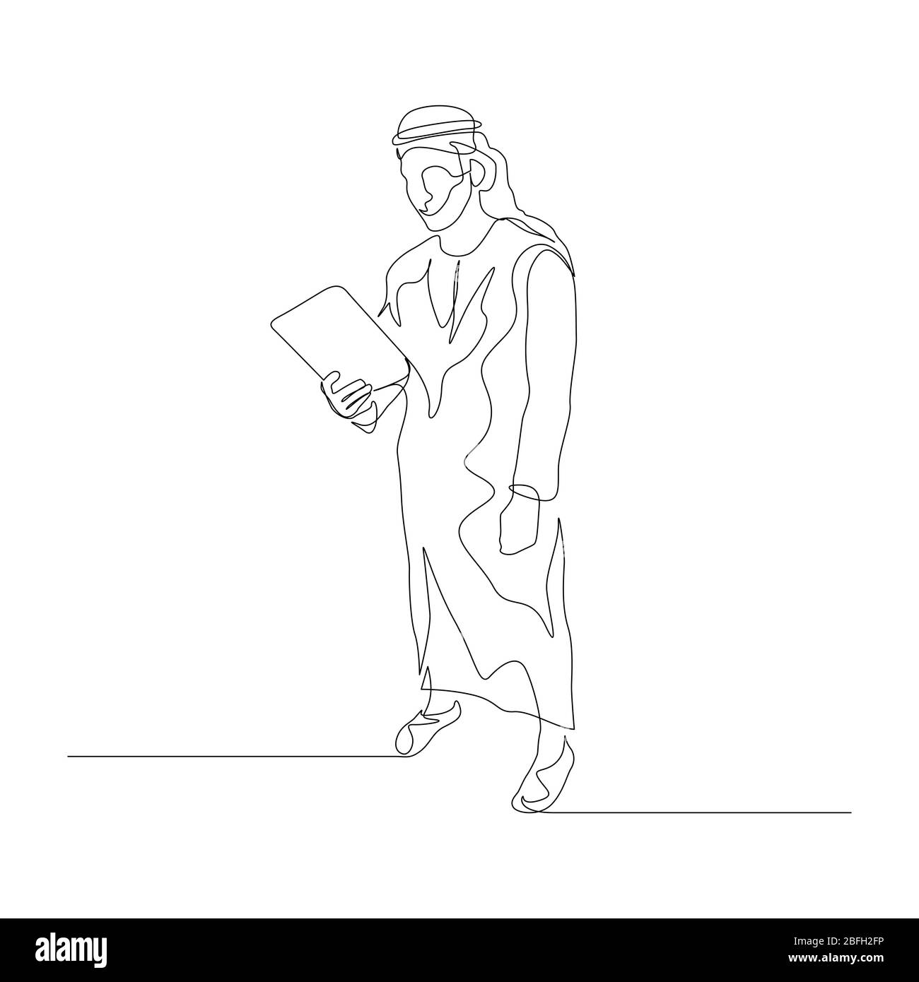 Un homme continu d'une ligne en vêtements arabes utilise une tablette. Illustration vectorielle. Illustration de Vecteur