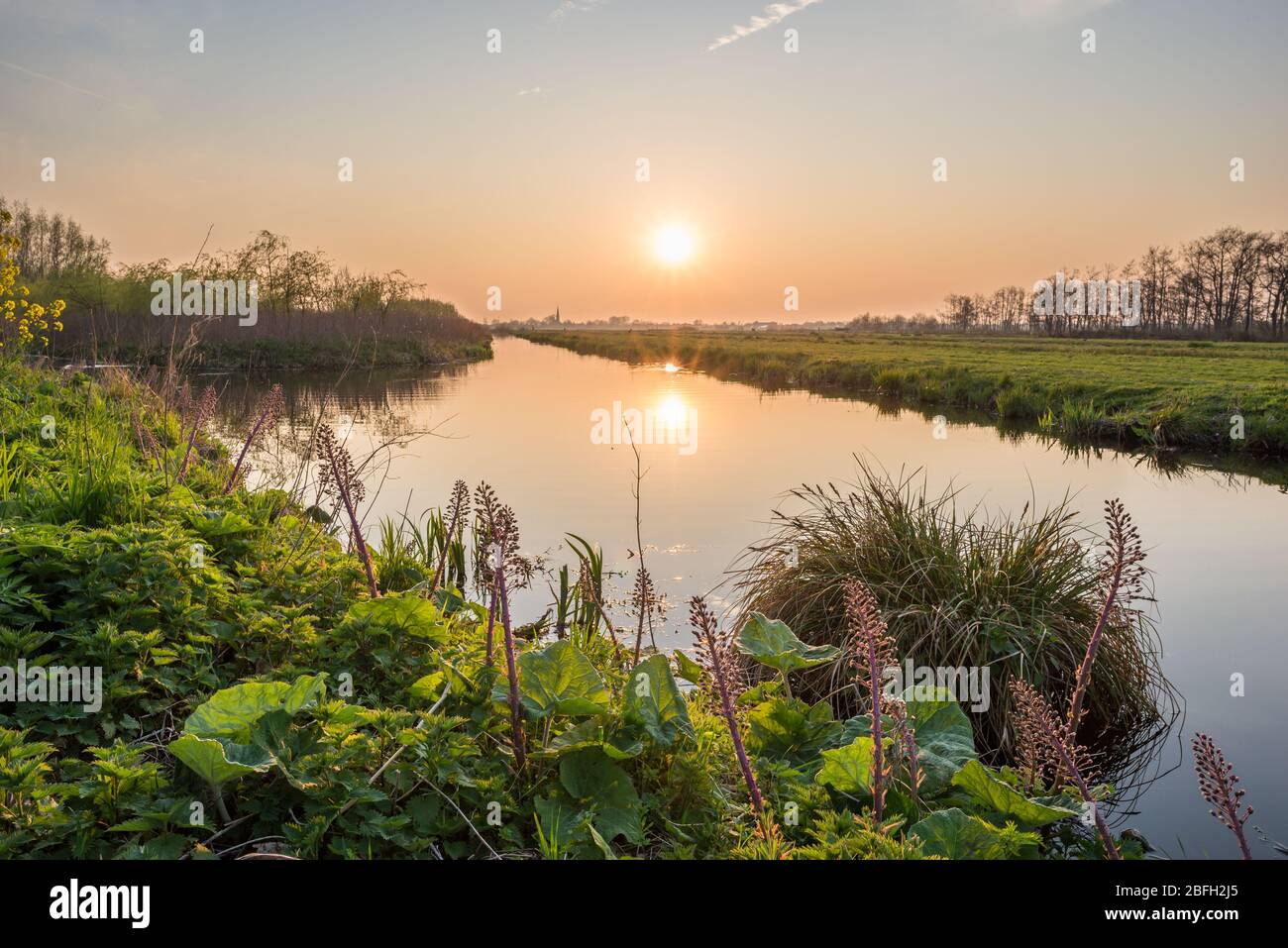 Coucher de soleil sur le paysage néerlandais près de Gouda, Hollande. Le soleil se reflète dans l'eau. Banque D'Images