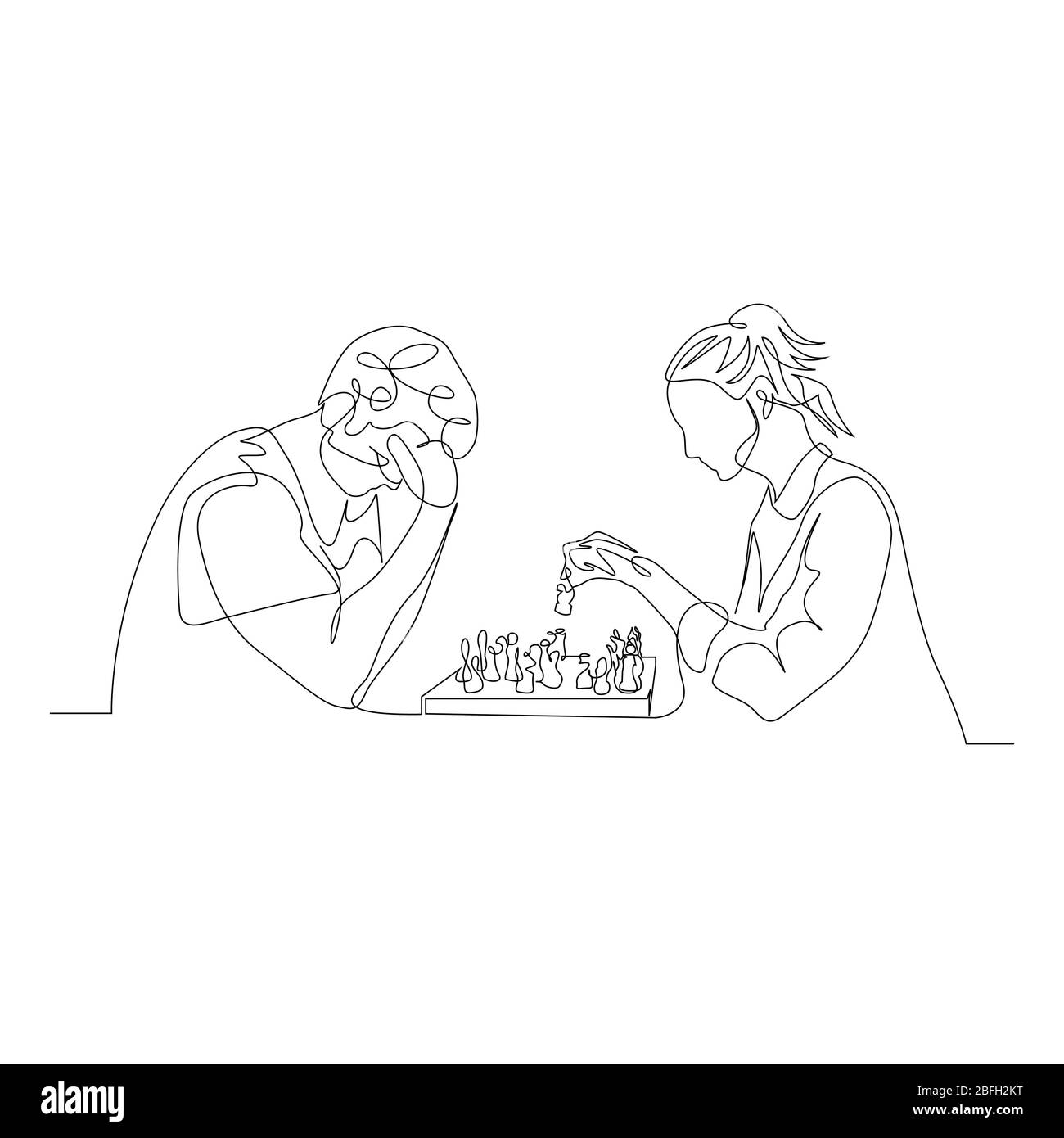 Un homme et une femme de ligne continue jouent aux échecs. L'homme pense que la femme fait un mouvement. Illustration vectorielle. Illustration de Vecteur