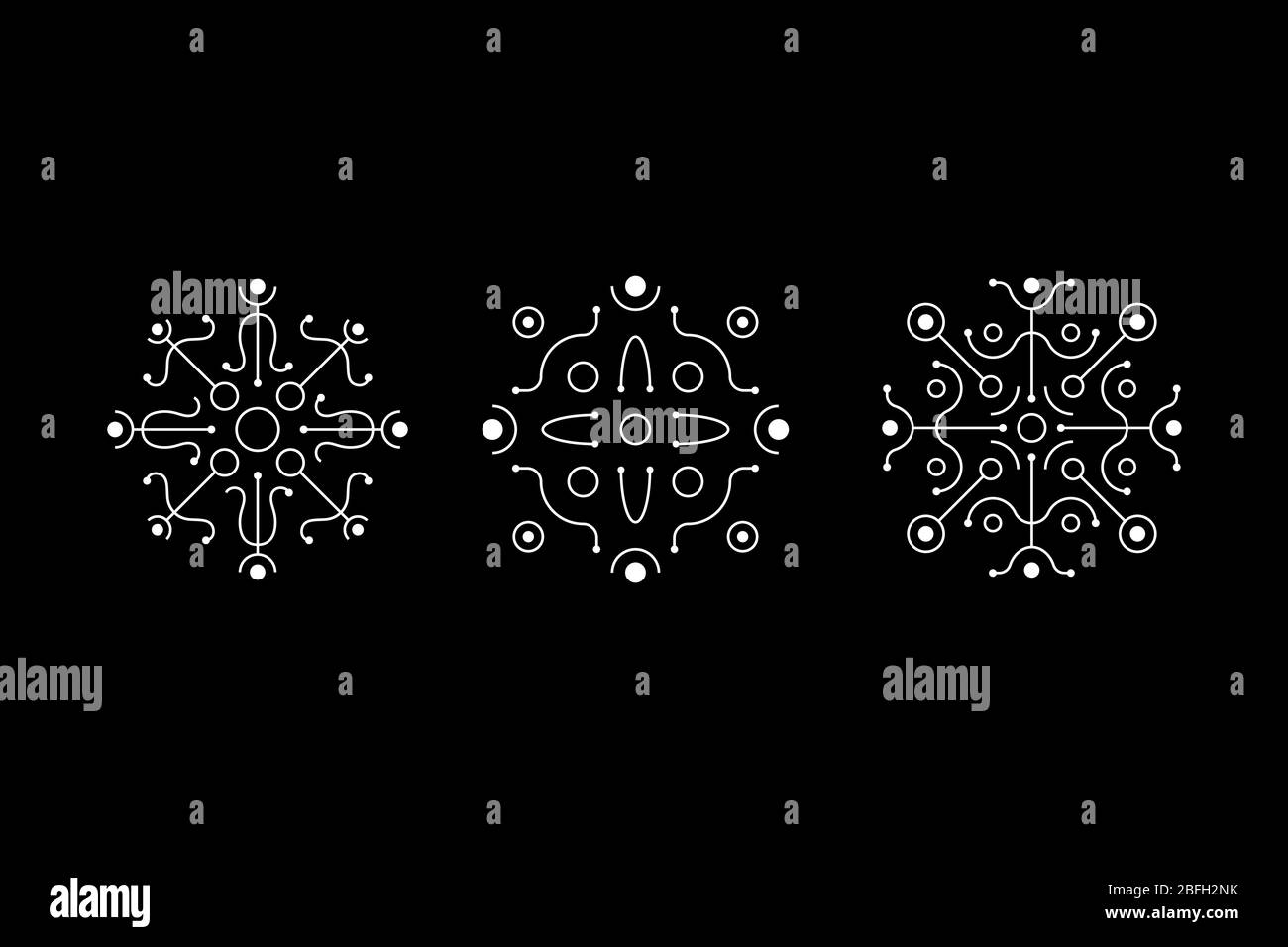 Jeu de symboles blancs à géométrie symétrique magique. Motifs magiques de lignes et de points. Signes OVNIS. Symboles de conception pour puzzle, logique, métroidvania, jeux indépendants. Illustration du stock vectoriel. Illustration de Vecteur